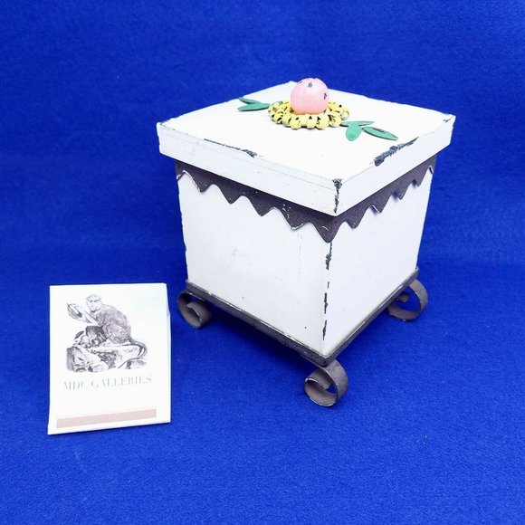 Storage Box Wood Metal Footed Stand Painted Metal Flower Design Whimsical Decor - Picture 11 of 11